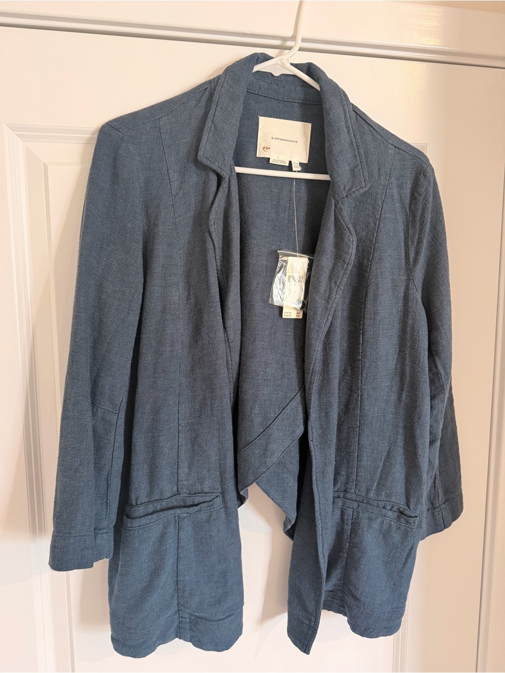 Anthropologie Blue Linen Asymmetrical Blazer Jacket Open Front (Size 4)